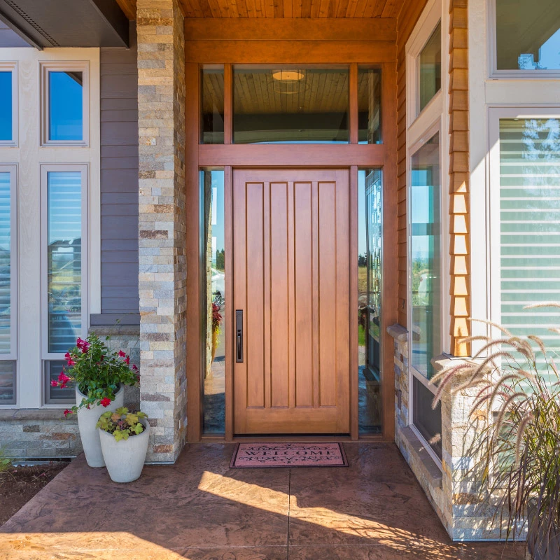 new wooden front door | sister siding