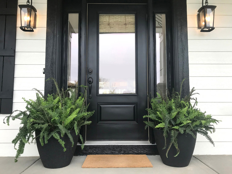 black-painted-door-with-single-brown-door-mat-symetrical-potted-ferns-and-black-lighting-fixtures-on-either-side