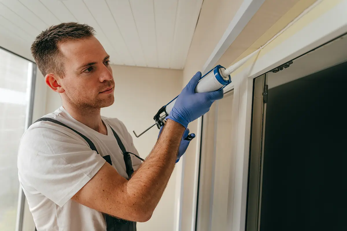 a man caulking a homes siding in oregon
